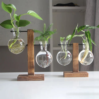 Vase Bulbe en Verre AIRA — socle bois naturel, ambiance intérieur minimaliste