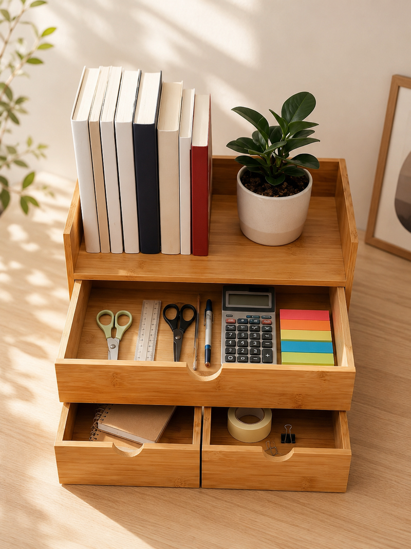 Organiseur de Bureau 3 Tiroirs — Bambou Naturel