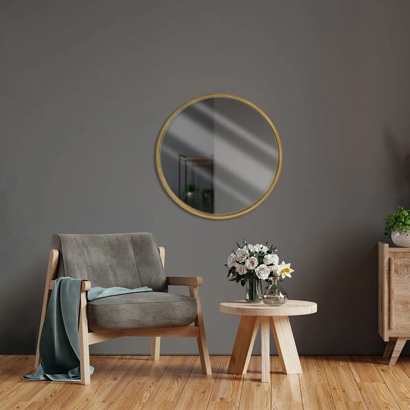 Miroir Rond Cerclé Or AIRA — bois naturel 50 cm, ambiance intérieur minimaliste (vue 3)